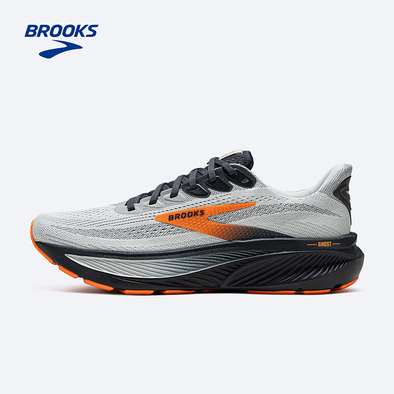 布鲁克斯（BROOKS）GHOST幽灵17 跑鞋男女透气缓震运动跑步鞋 男款 蘑菇灰/桔红/乌木色 40