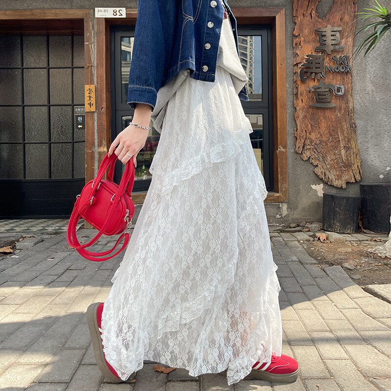 翊尚美白色半身裙女夏季新款高腰垂感a字蕾丝半裙长裙不规则蛋糕裙 白色高个子 【自带公主防透内衬】 XL 【适合126-145斤】