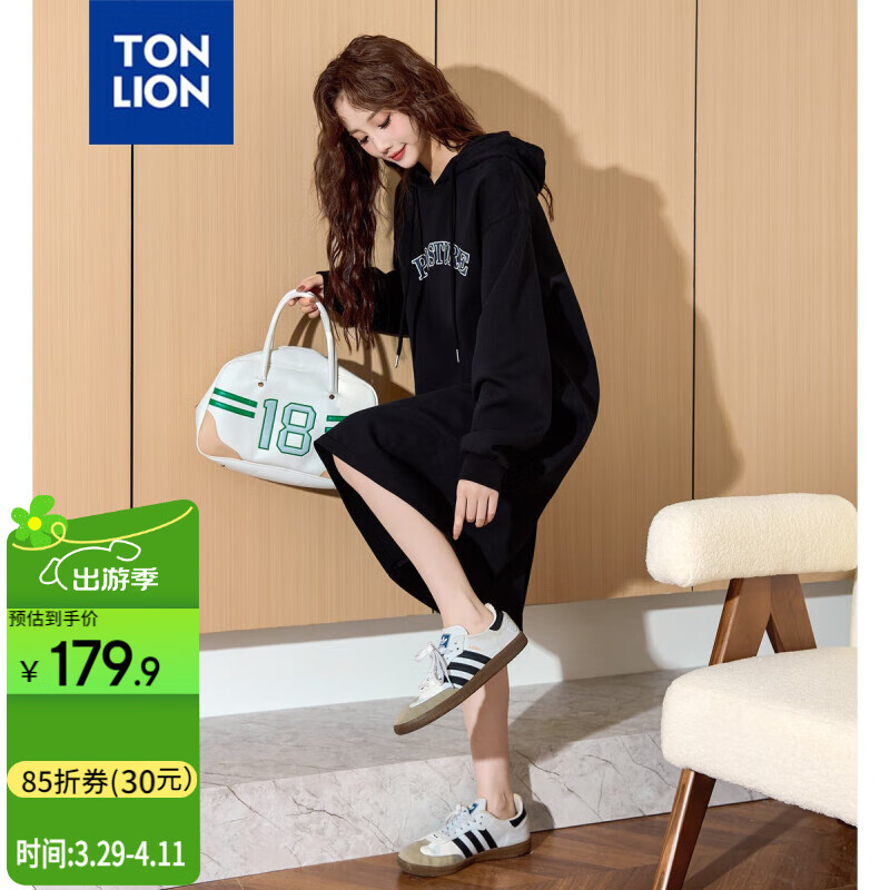 唐獅（TonLion）2024連帽長(zhǎng)款衛(wèi)衣裙女長(zhǎng)袖連衣裙寬松針織裙 黑色/加絨款 S