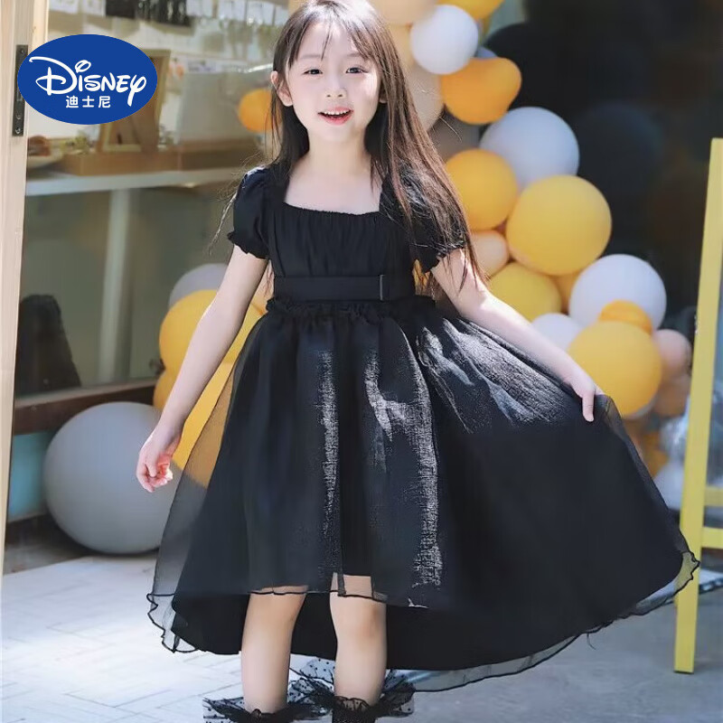 迪士尼（Disney）女童夏季連衣裙2025新款夏裝洋氣黑色泡泡袖兒童表演主持禮服裙子 黑色燕尾裙 150