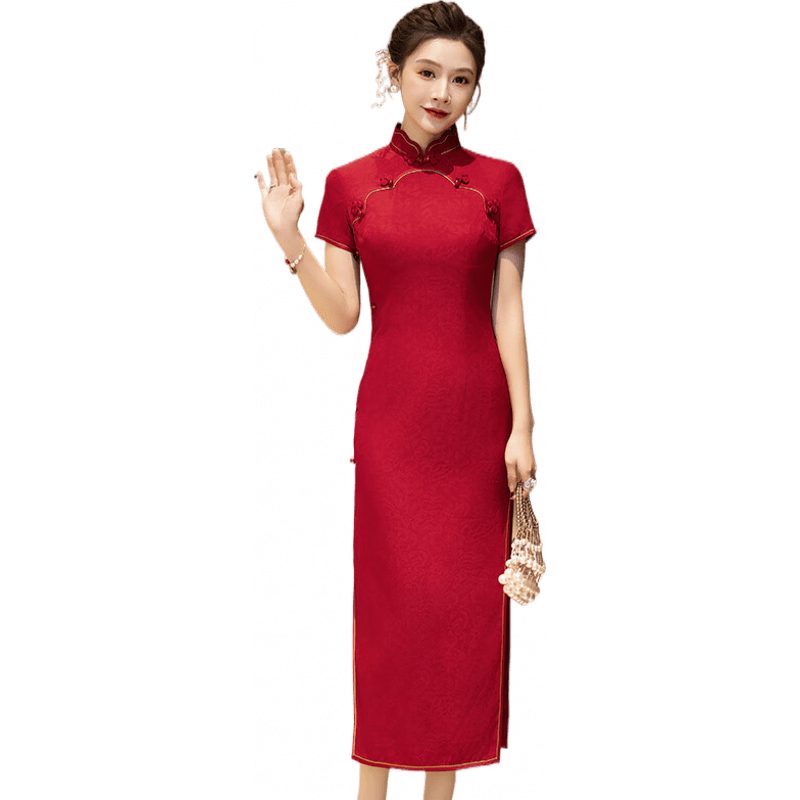 皮爾卡丹（pierre cardin）復古高端真絲桑蠶絲喜慶旗袍2025夏季新款結(jié)婚中式優(yōu)雅敬酒禮服裙 紅色 M