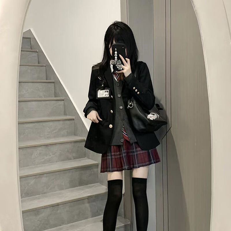 COMIC SOUL原创jk制服套装女秋冬款正版学院风校供格裙子针织开衫叠穿一整套 四件套深灰开衫+衬衫+玄红裙+红领带 S