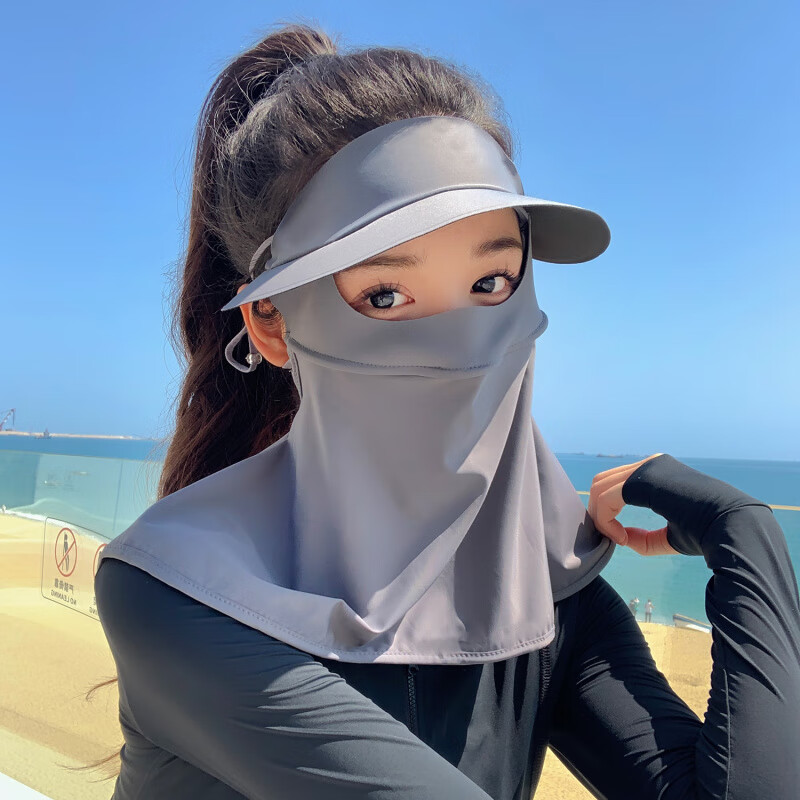 防晒面罩帽子一体护颈防紫外线黑胶大帽檐遮阳口罩女夏薄款脸基尼 护颈款-深灰色(3d立体-黑胶防晒