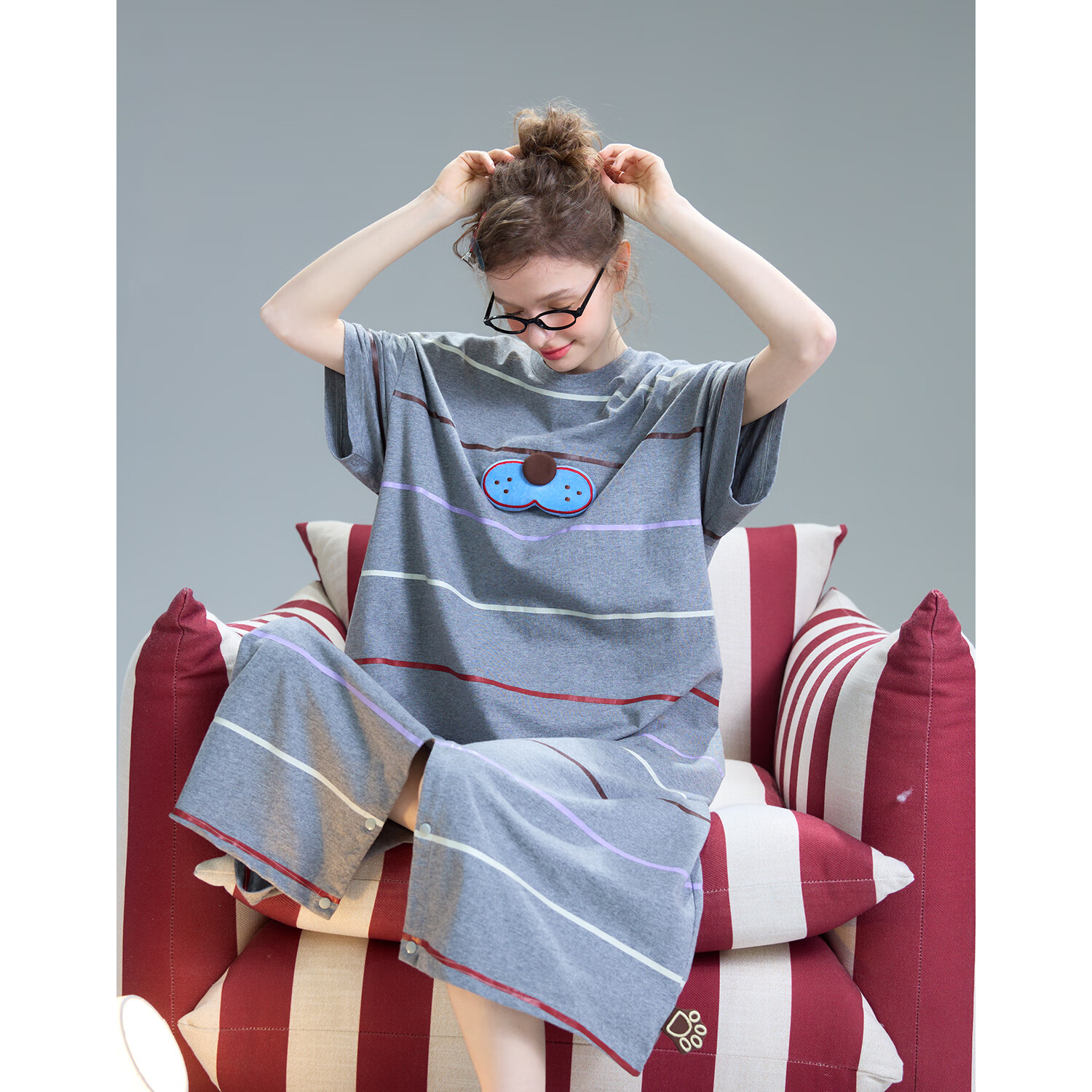 YSO【酷貓系列】睡衣女連體睡裙夏條紋可愛(ài)家居服涼感寬松可外穿L
