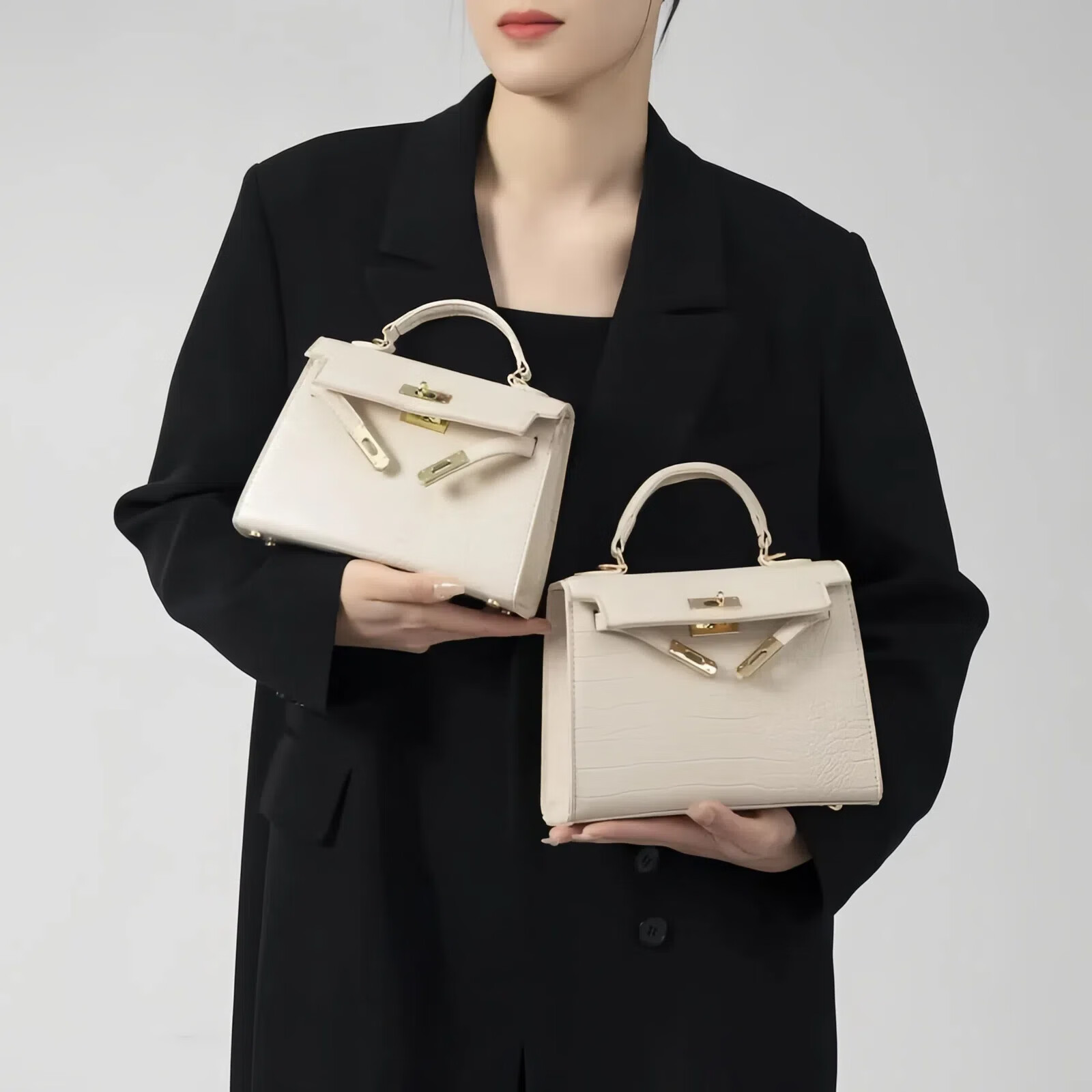 CHASENG&KAVLON生日礼物送女友包包女包女士小ck凯莉包单肩斜挎手提小包包 黑色-小号22cm 正品凯莉包