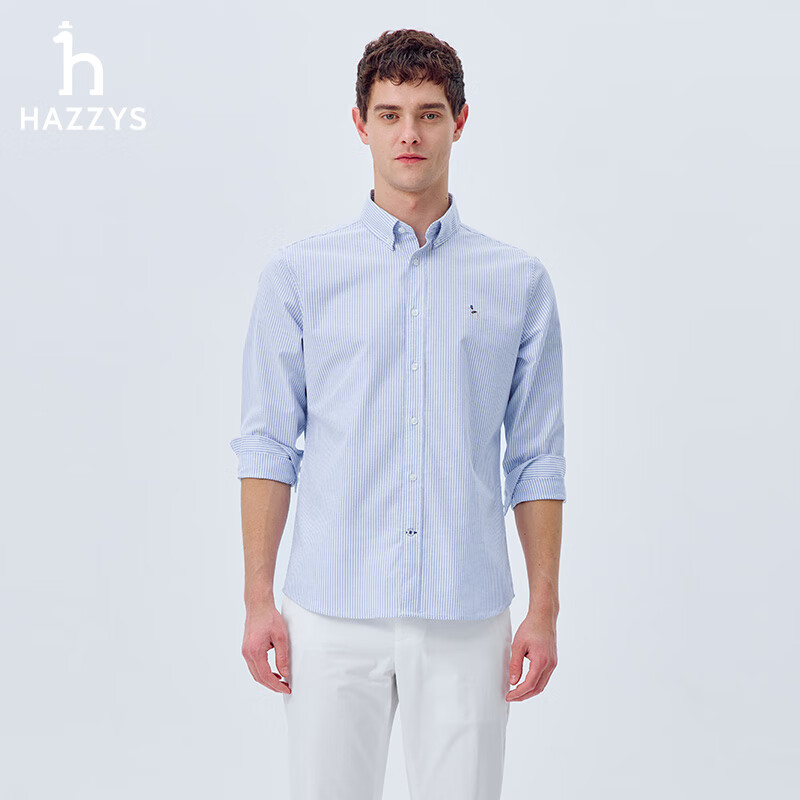哈吉斯（HAZZYS）男装 春季款男衬衣细条纹商务休闲长袖衬衫男ASCZK1CAK08 蓝色BL L （175/96A 48）