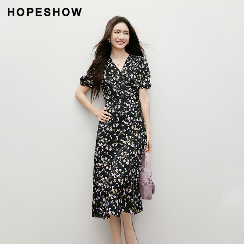 红袖（hopeshow）复古连衣裙2025夏新款女装【繁花协奏】泡泡袖V领雪纺茶歇裙 黑底花658 M