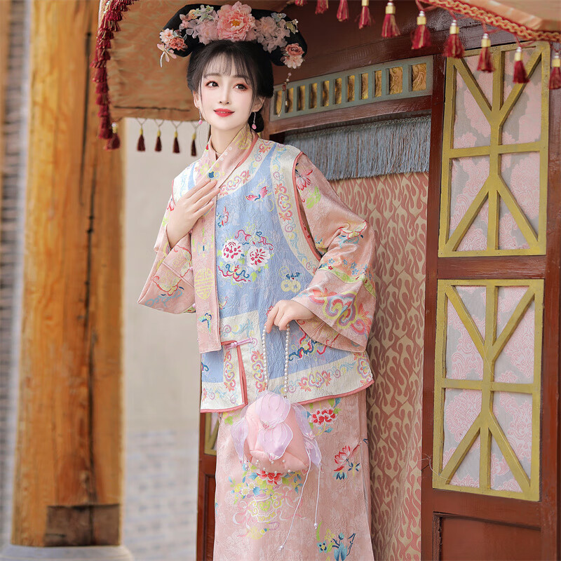 漢虞葵 云錦 原創(chuàng)格格服漢服女2025新款春季清朝旗裝馬甲旅拍古裝 云錦 淺藍(lán)色 馬甲+送龍華領(lǐng)子（注：手帕不送） S