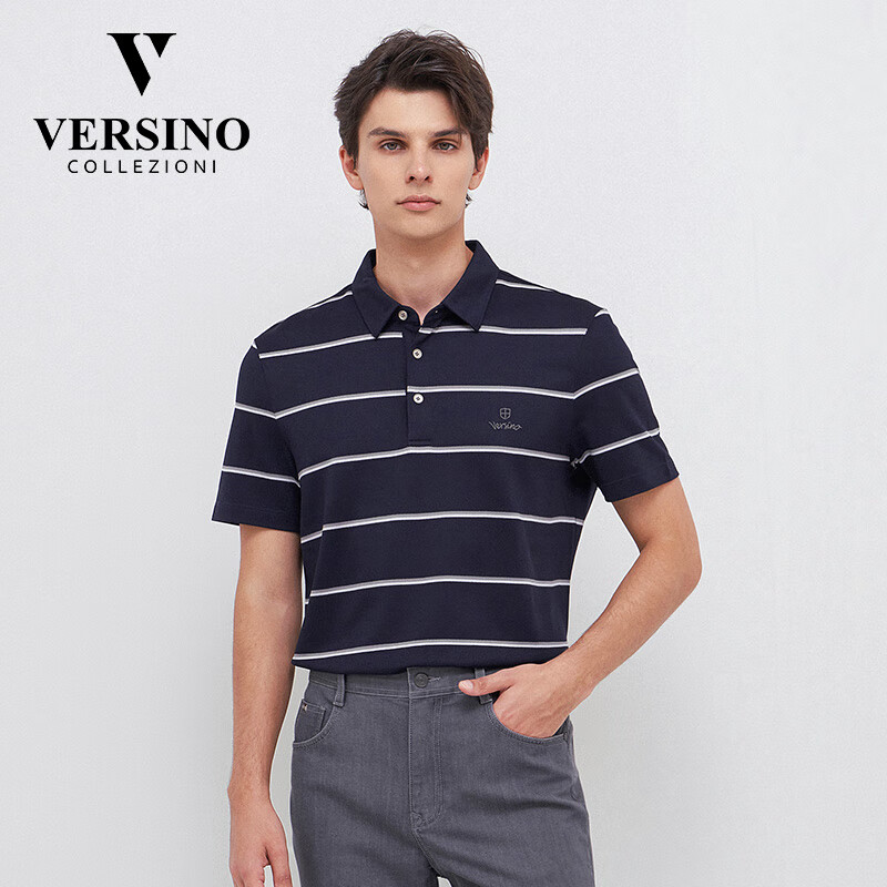 VERSINOversino梵思诺男装条纹短袖POLO衫2025年夏季新款男士休闲百搭T恤 深蓝色 58B M