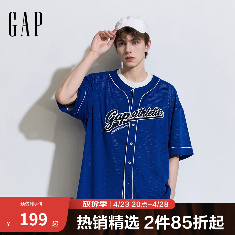 Gap男裝夏季撞色線條網(wǎng)面棒球衫透氣運(yùn)動(dòng)上衣877624 深藍(lán)色 M (170/92A)亞洲尺碼