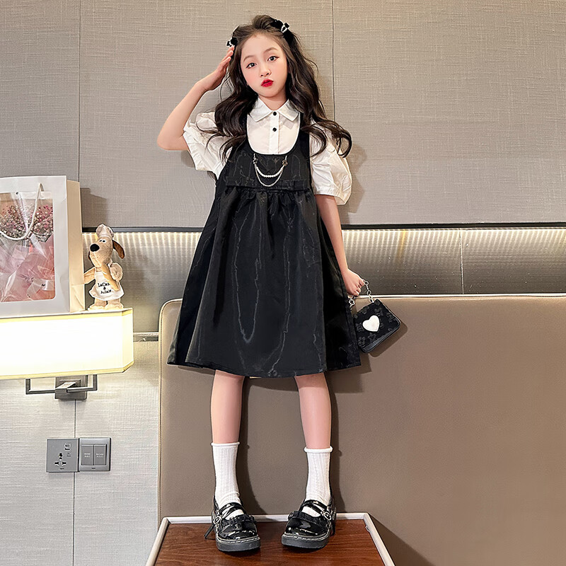 DISNEY迪士尼女童連衣裙夏裝新款兒童裝洋氣背帶裙套裝夏季女大童公主裙 黑色 (襯衫+背帶裙) 120 cm