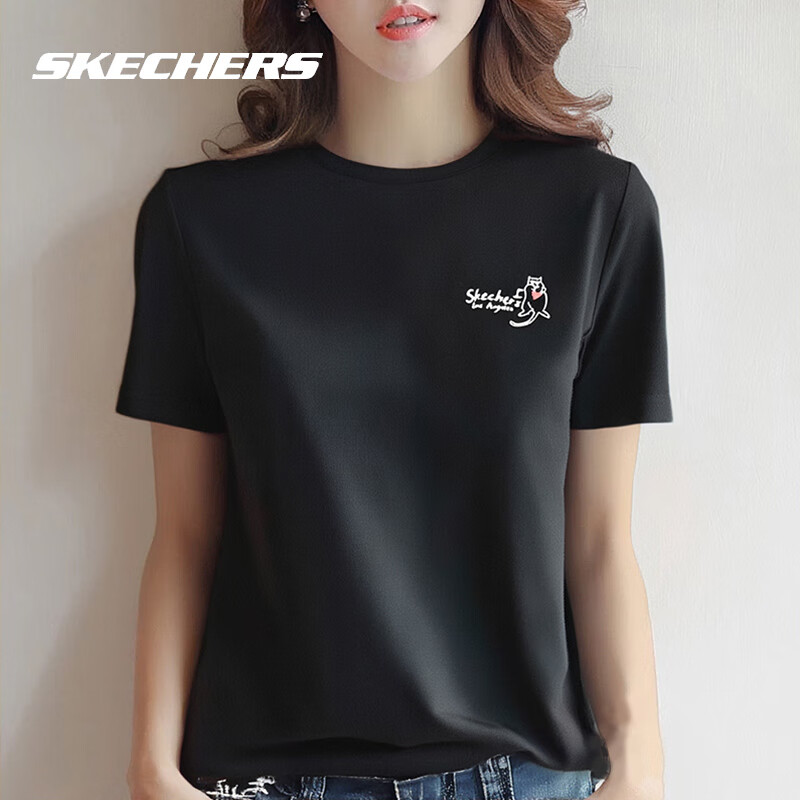 斯凯奇（Skechers）短袖女夏季2025新款黑色圆领T恤针织休闲运动透气短袖 黑色-03K8 XS /150/76A
