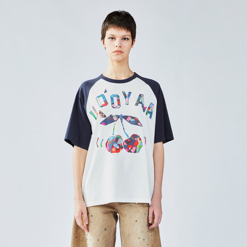 UOOYAA/乌丫2025夏季新款「更自由」碎花布动感樱桃插肩袖T恤 白色 S