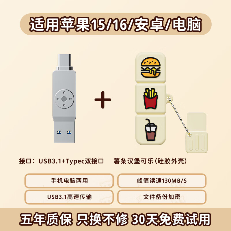 移速手机u盘typec双接口电脑两用苹果15安卓高速大容量16可爱优盘 USB-Typec双接口【薯条】 32GB Type-C
