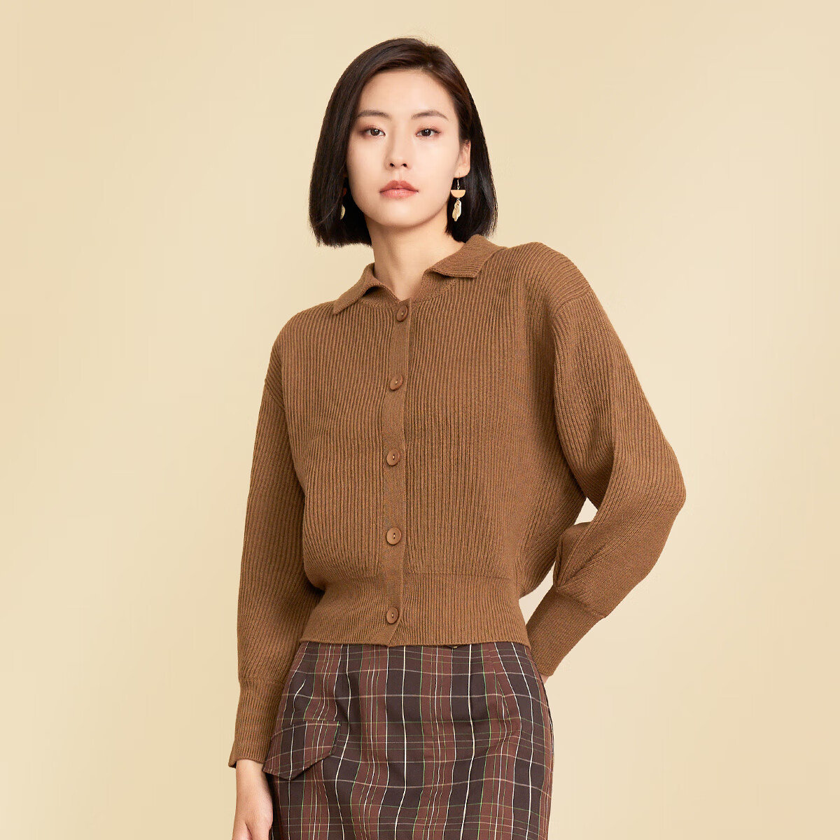 春竹羊毛衫女气质复古翻领竖坑条长袖针织开衫外套加厚保暖毛衣 砺茶