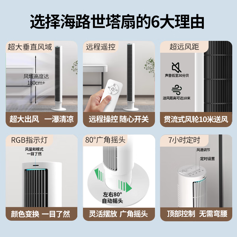 Heallux海路世新款无叶电风扇家用大风力轻音节能塔扇立式落地遥控智控定时远风距 【顶部按键+遥控】轻音大风力无叶风扇