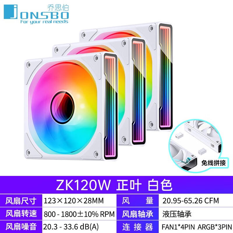 乔思伯（JONSBO）乔思伯ZK120积木风扇ARGB神光同步12CM机箱散热风冷台式电脑主机 ZK-120W 正叶 白色 三联包