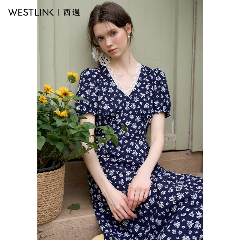 西遇浪漫文藝風(fēng)泡泡袖連碎花裙女2025春季蕾絲花邊V領(lǐng)連衣裙 藍(lán)色 M