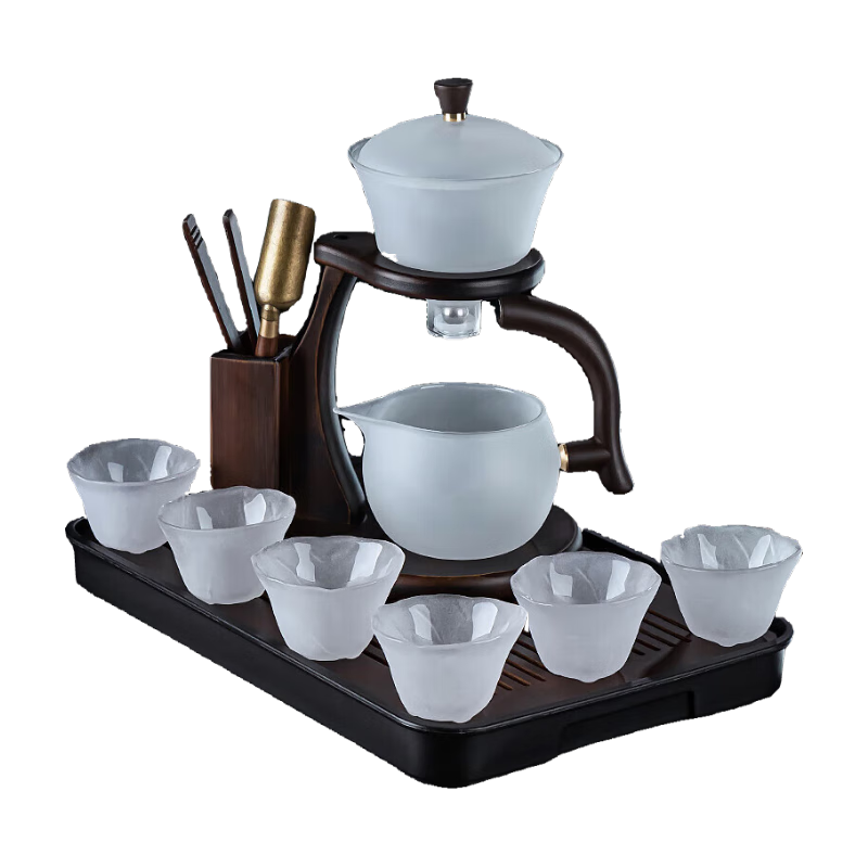 正揚云霧玻璃自動(dòng)茶具套裝家用功夫泡茶壺錘紋耐熱懶人磁吸秒出水茶盤(pán) 云霧樓閣+6吉祥杯+長(cháng)胡琴黑