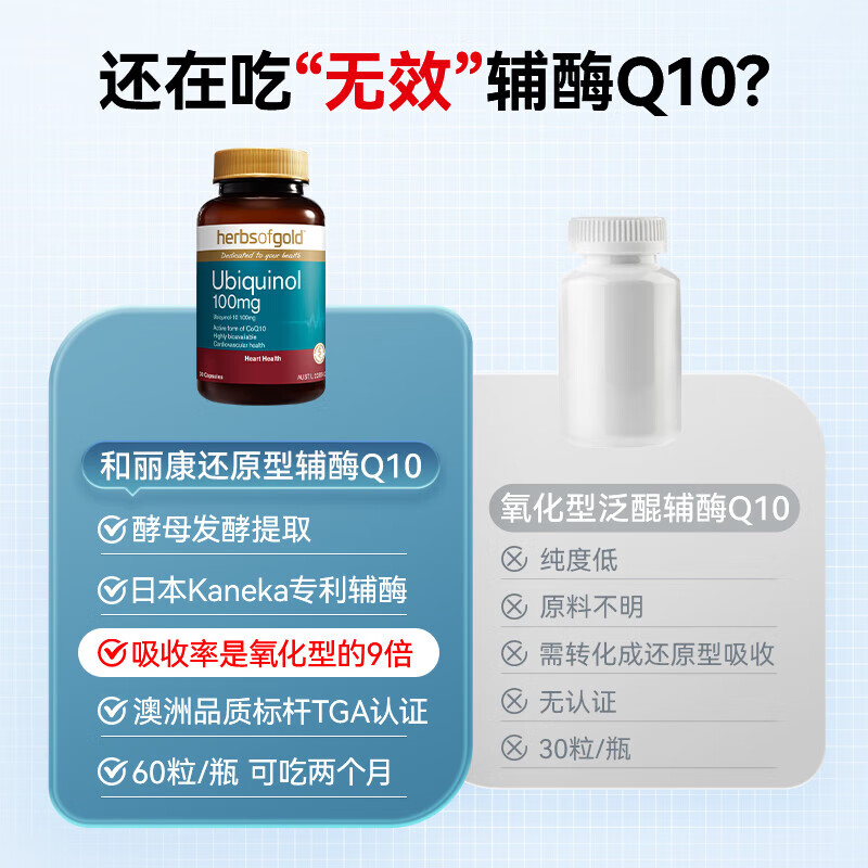herbs of gold和丽康辅酶q10软胶囊还原型 中老年人保护心脏心脑血管和丽康进口 60粒*1瓶