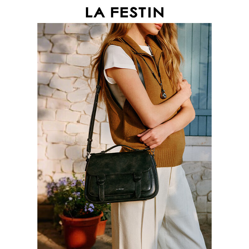 拉菲斯汀(La Festin)头层牛皮邮差包包女2025新款大容量单肩斜挎包通勤手提包 622508 【头层牛皮】暮色黑