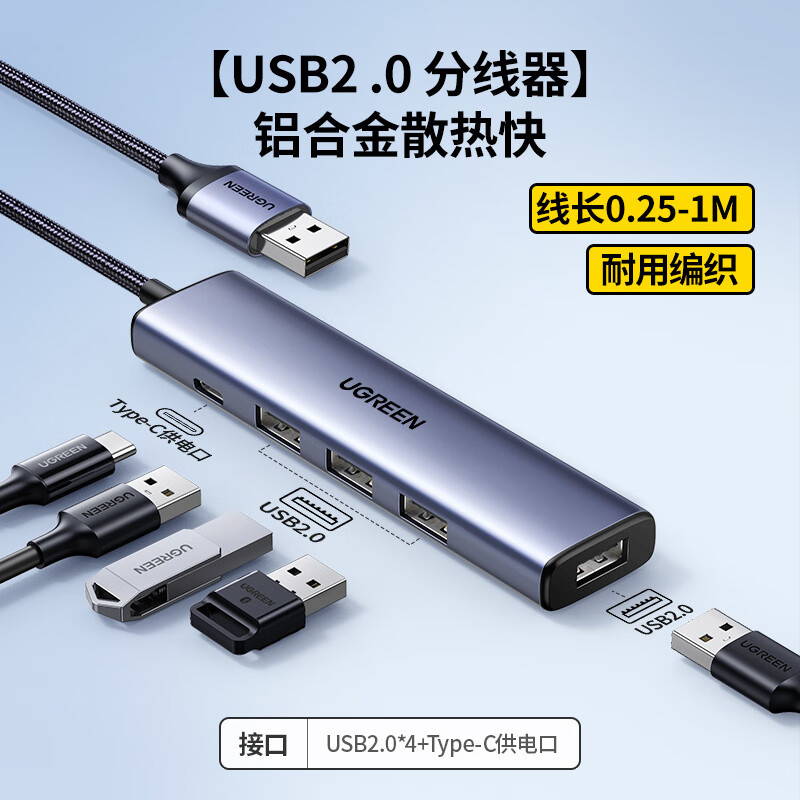 绿联拓展坞Type-c扩展坞笔记本USB集线器hub投屏读卡视频网线转换 【4合1】USB2.0x4-供电口