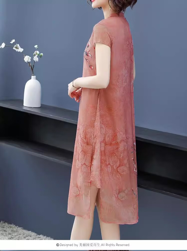 俞兆林妈妈大码民族风连衣裙旗袍改良版夏季年轻款中老年阔太太雪纺裙子 绿色 XL 建议105-115斤