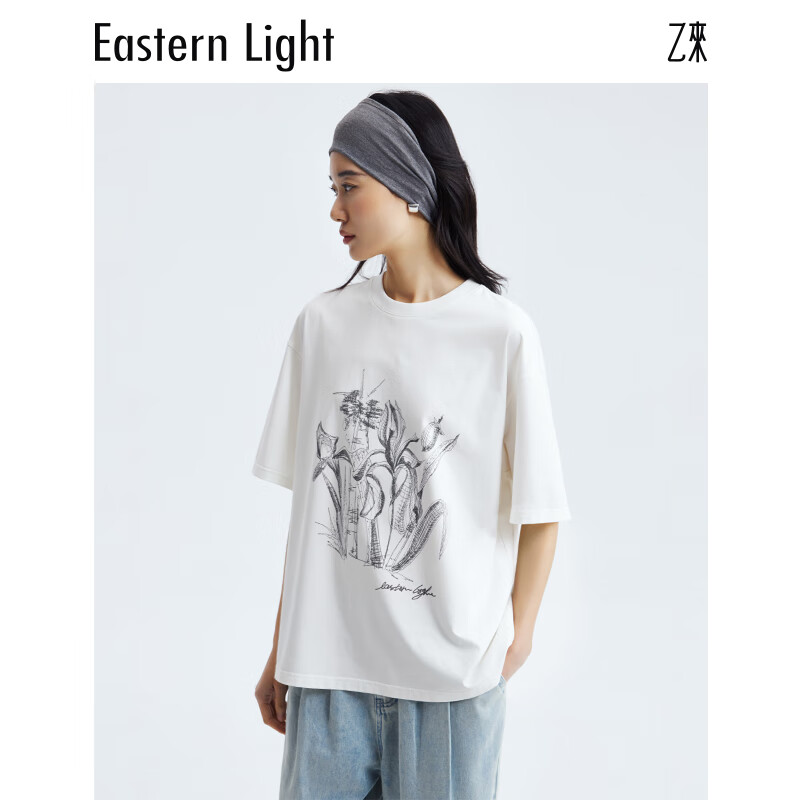 乙来（EASTERN LIGHT）2026夏季新款手绘鸢尾印花短袖T恤女装上衣显瘦潮流可外穿气质 纯净白 S