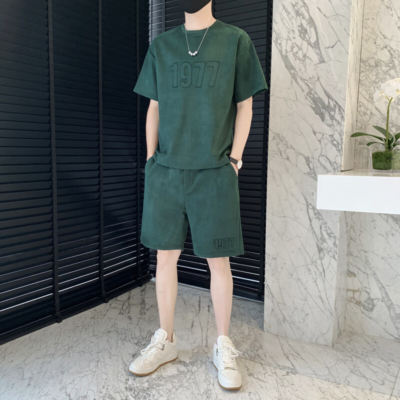 洛科驰夏季休闲运动短裤套装男潮流短袖T恤2025新款男装搭配一套痞帅气t 墨绿色 M 建议120斤内