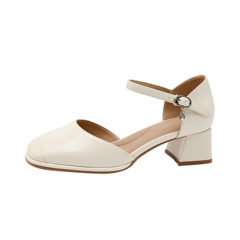 西遇法式粗跟单鞋女2025新款春夏侧空中跟包头凉鞋白色配裙子女鞋 米色 35 (225)