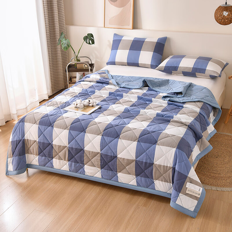 多兰诗（Duolanshi）夏凉被 可机洗小清新空调被宿舍单双人夏天薄被子 蓝大格 150*200cm
