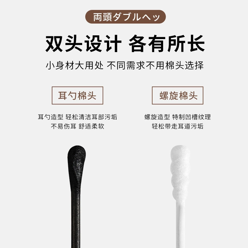 一次性螺旋耳勺棉签二合一挖耳勺双头棉花棒清洁黑色棉棒 白色+黑色【共200支螺旋+耳勺】