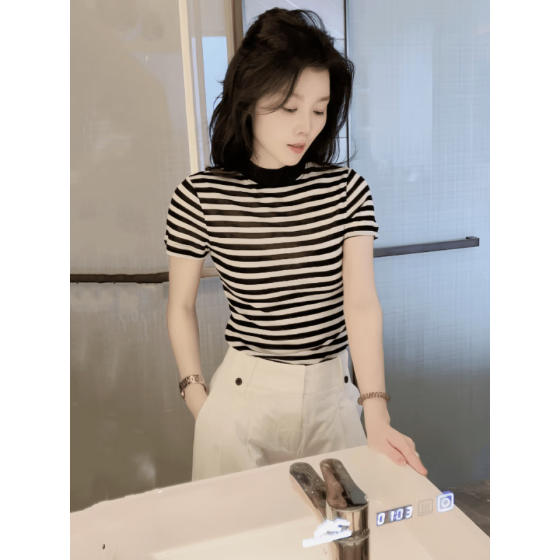 宿萊半高領(lǐng)短袖t恤女生黑杏條紋正肩夏季經(jīng)典修身顯瘦打底體恤上衣 黑杏條紋 S S(80-100斤)