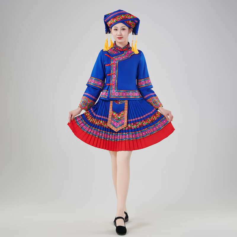 菲奢蘭壯族服裝女新款廣西壯族民族服裝三月三苗族表演服少數(shù)民族演出服 寶藍色短款百褶裙+三角帽子 S 均碼