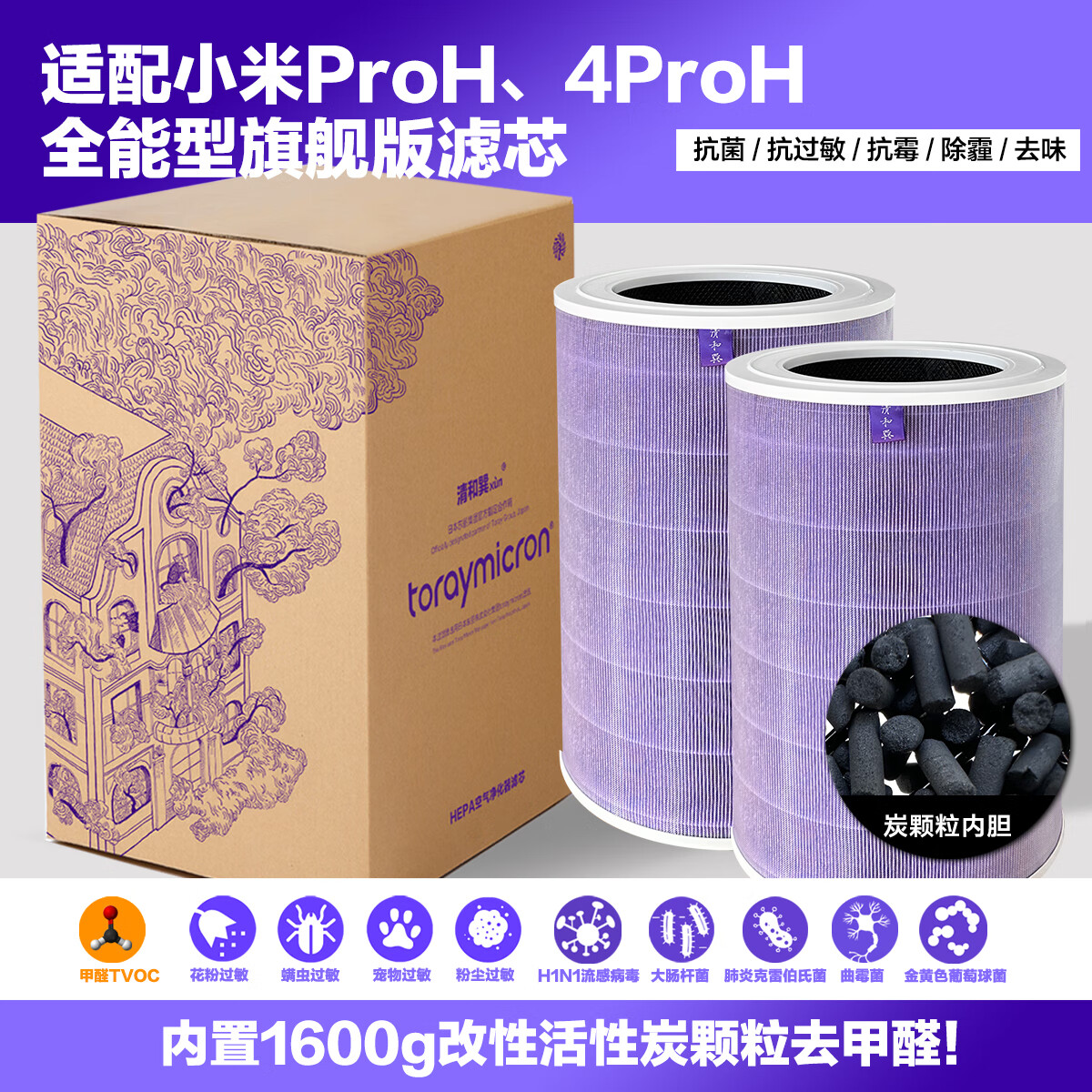 清和巽【日本东丽滤纸】适配小米米家空气净化器4代/5代5S/ProH除甲醛滤芯带芯片过滤网抗过敏抗菌 适配ProH全能版【巨划算碳颗粒2桶套装】东丽滤纸