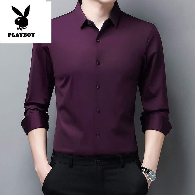 花花公子（PLAYBOY）無痕襯衫男士長袖感春秋裝新款中年商務休閑免燙時尚襯衣男士 酒紅--6001 XL 130-145斤
