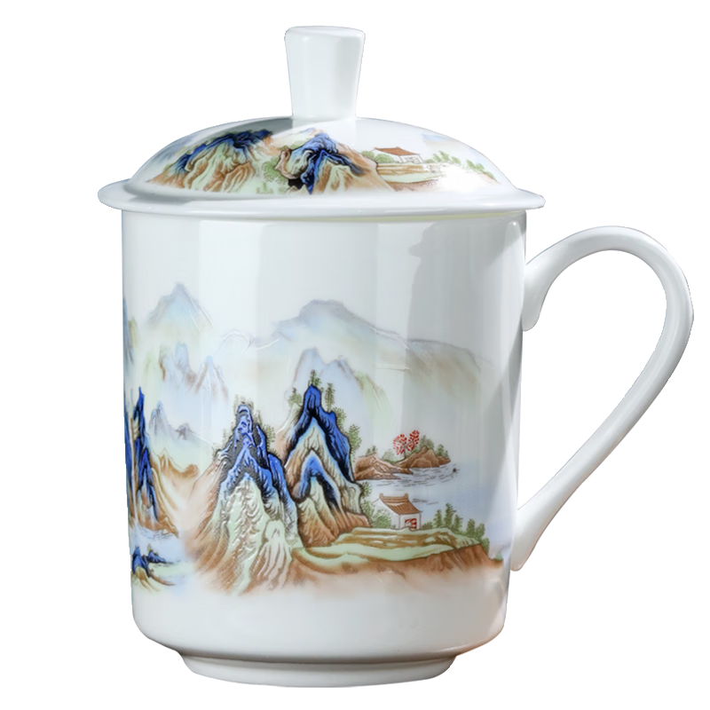 青花杯景德镇陶瓷茶杯带盖青花瓷器办公室会议杯礼品 雪景 500ml