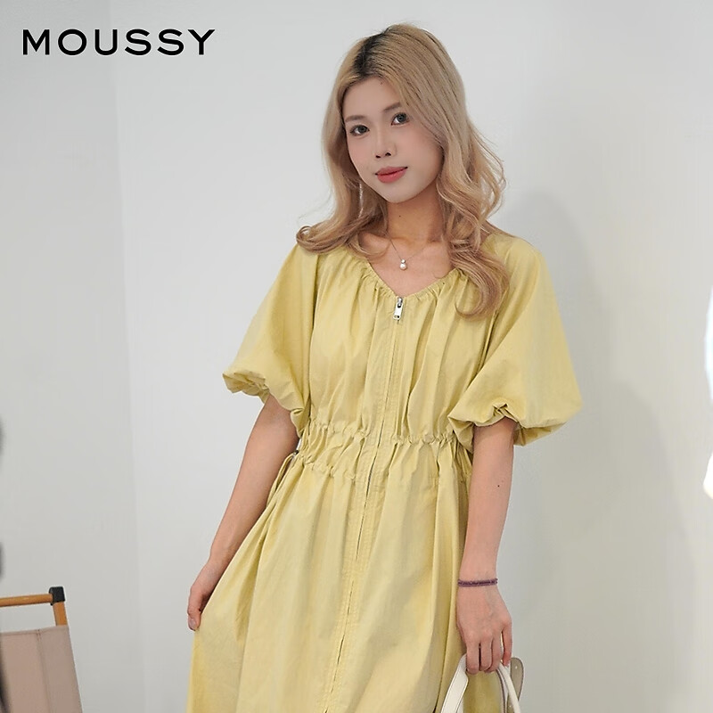 moussy 2025夏季新品燈籠袖抽繩收腰雙拉鏈連衣裙女028ISA33-3991 050黃色 均碼