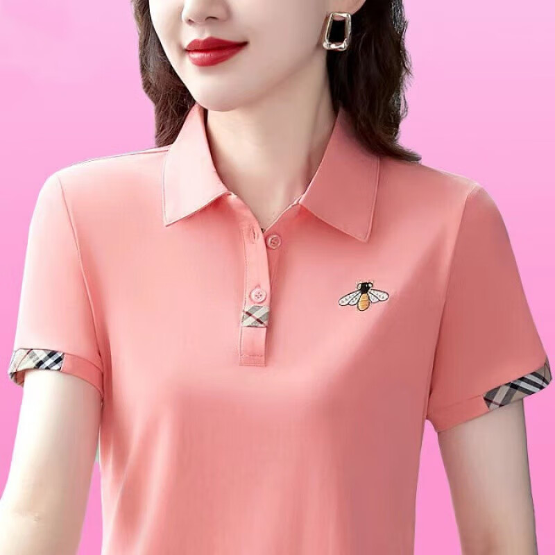妈妈装短袖t恤夏季2026大码女装洋气显瘦女士POLO领打底衫上衣服 YB-833KY粉色 2XL 【建议125-140斤】 京东折扣/优惠券