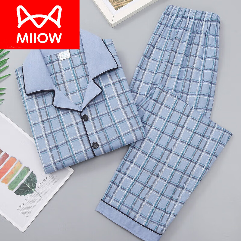貓人（MiiOW）輕奢高檔春秋款純棉長袖男士睡衣加肥加大5XL碼家居服套裝特大碼2 1701 4XL 【建議180-220斤】