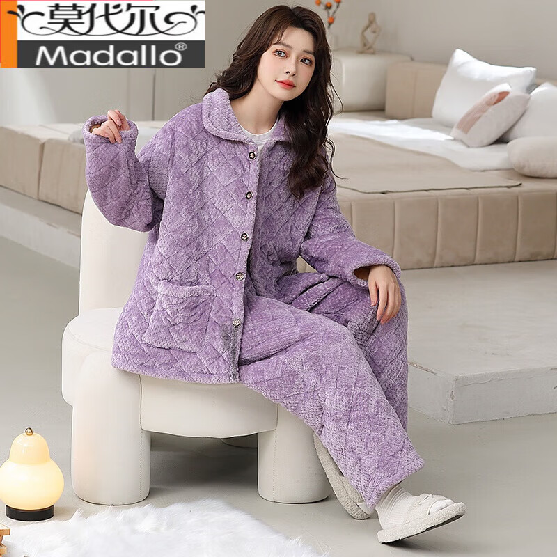 睡衣女冬季三层夹棉加厚珊瑚绒套装中长款法兰绒棉袄加绒家居服 紫色