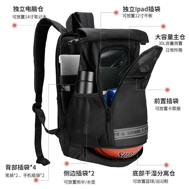 思博亚新款运动双肩包干湿分离独立鞋仓篮球包男女大学生电脑旅行包 黑色