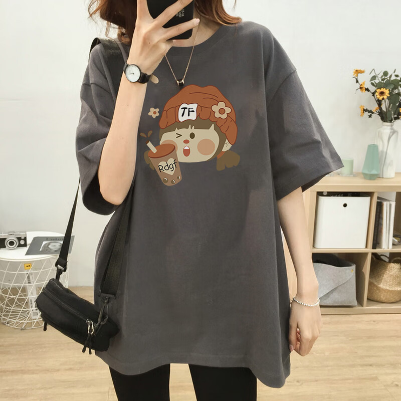 敏潮格倫孕婦上衣夏裝2025新款韓版中長款孕婦短袖t恤夏季休閑百搭遮肚子 暗夜灰（奶茶女孩） XL