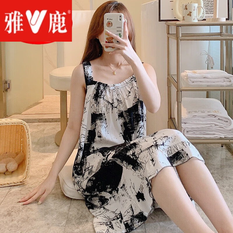 雅鹿棉綢睡裙吊帶睡衣女夏孕婦連衣裙媽人造棉裙子綿綢睡衣裙大碼外穿 寬帶睡裙-ZJ潑墨風(fēng) 均碼 :90-165斤