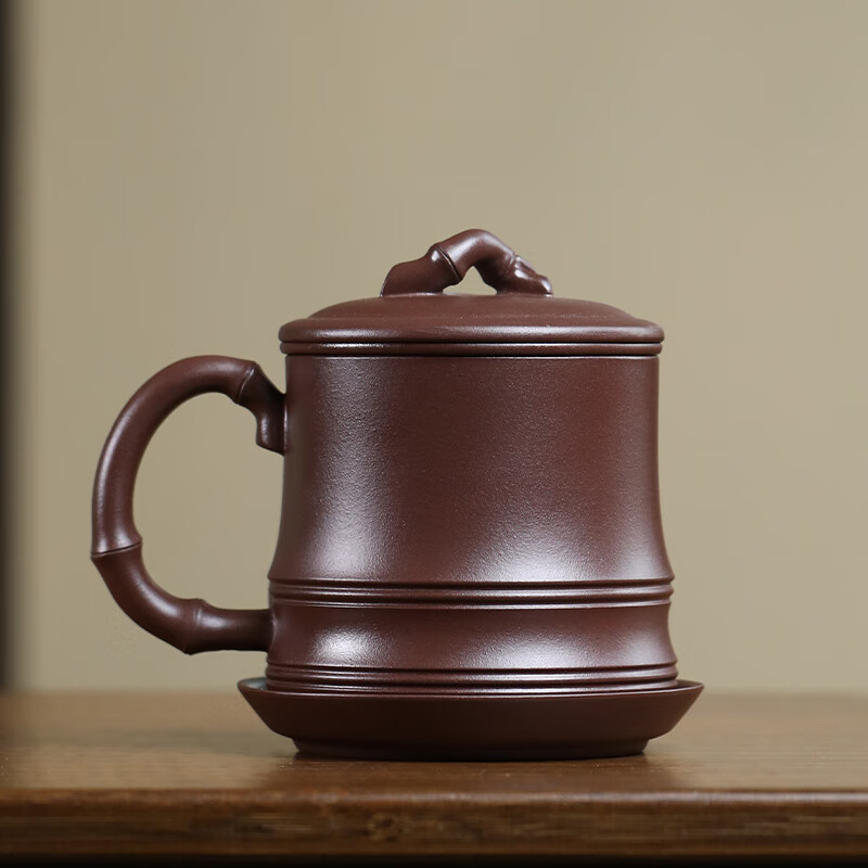 紫来顺宜兴原矿紫泥竹节四件套紫砂杯带内胆茶水分离杯办公泡茶杯新年礼 竹节四件套