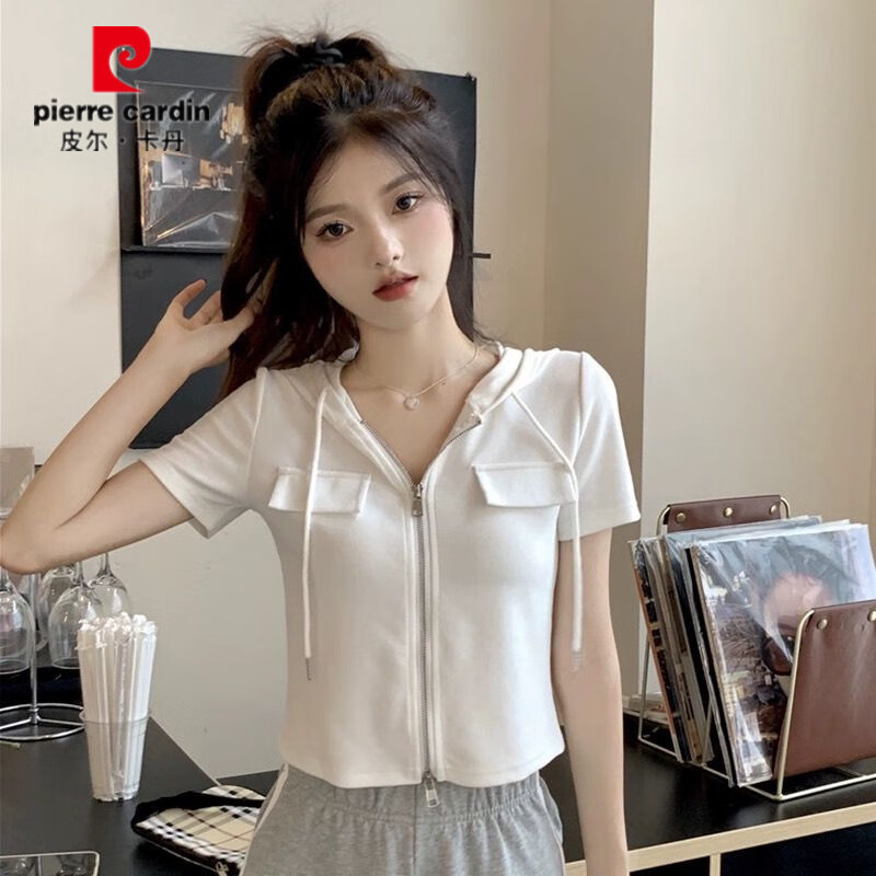 皮尔卡丹(pierre cardin)拉链连帽短袖t恤女2026夏季新款韩系修身显瘦遮肚子短款甜辣上衣 灰色【面料不起球不掉色】 M 建议86-100斤