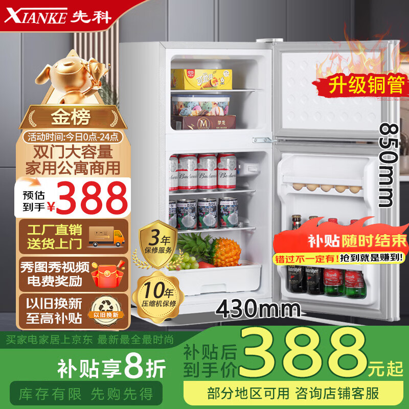 先科小冰箱迷你小型家用 冷藏冷冻两用宿舍寝室出租房用双门办公室电冰箱节能省电 先科S178银色【急速制冷】一级节能