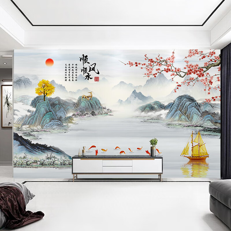 YWZR定制客廳新中式水墨山水18D背景墻壁畫(huà)墻布壁紙順風(fēng)順?biāo)诓?無(wú)紡布（無(wú)縫） /平方