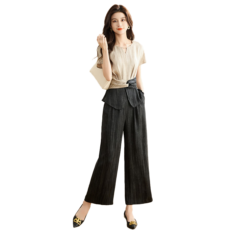 可蓓兒冰絲優(yōu)雅闊太太套裝女2025新款夏季減齡顯瘦闊腿褲兩件套 XL