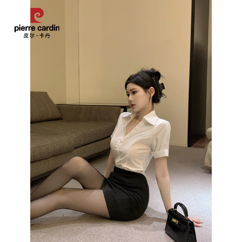 皮爾卡丹（pierre cardin）短袖白襯衫女夏季空乘面試工作服V領(lǐng)襯衣空姐前臺正裝職業(yè)女套裝 套裝--白色短袖配黑色包臀裙 S
